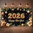 thumbnail image 4 of Gold Theme 2026 New Year Banner Shiny Design Happy New Year Banner Gift Box Decor Pine Branch Ornament New Year Party Banner for New Year Party 2026 Countdown Family Gathering, 4 of 9