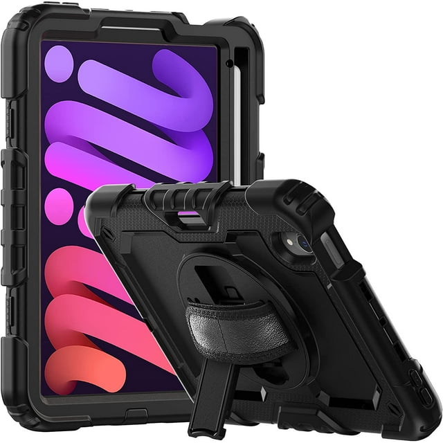 navor Rugged Cover Compatible with iPad Mini 6 (2021), Rotatable Kickstand Shoulder & Hand Strap Shockproof Heavy Duty Protective Case