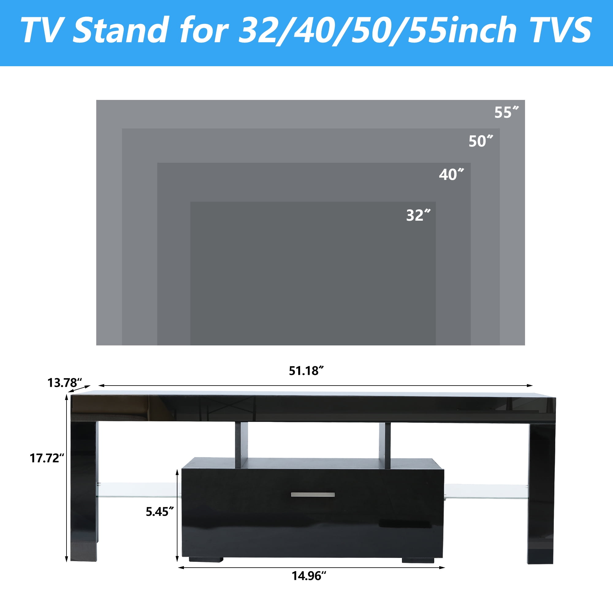 UHOMEPRO TV Stand for TV up to 55", High Gloss Entertainment Center with RGB LED Lights and Storage Shelves, Black Media Console for Living Room