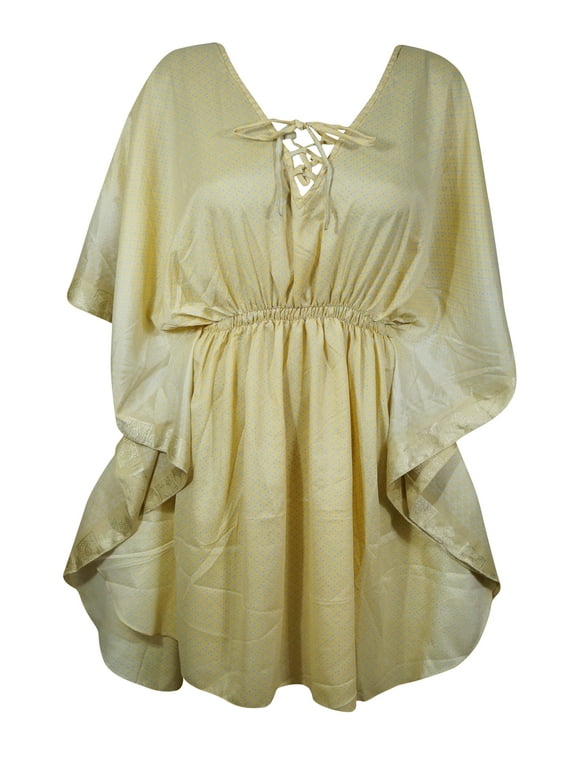 Mogul Womens Short Beach Caftan Dress, Golden Printed Kaftan M-XL
