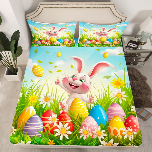 Erosebridal Rabbit Eggs Fitted Sheet Set Twin For Kids,Happy Easter Bedding Twin Size,Floral Room Decorative,Breathable,2pcs(No Top Sheet)