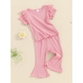 thumbnail image 3 of Hirigin Toddler Baby Girl Spring Fall Outfits Fly Sleeve Solid Color Rib T-Shirts Tops and Flare Pants 1-5 Years Cute Clothes Set, 3 of 8