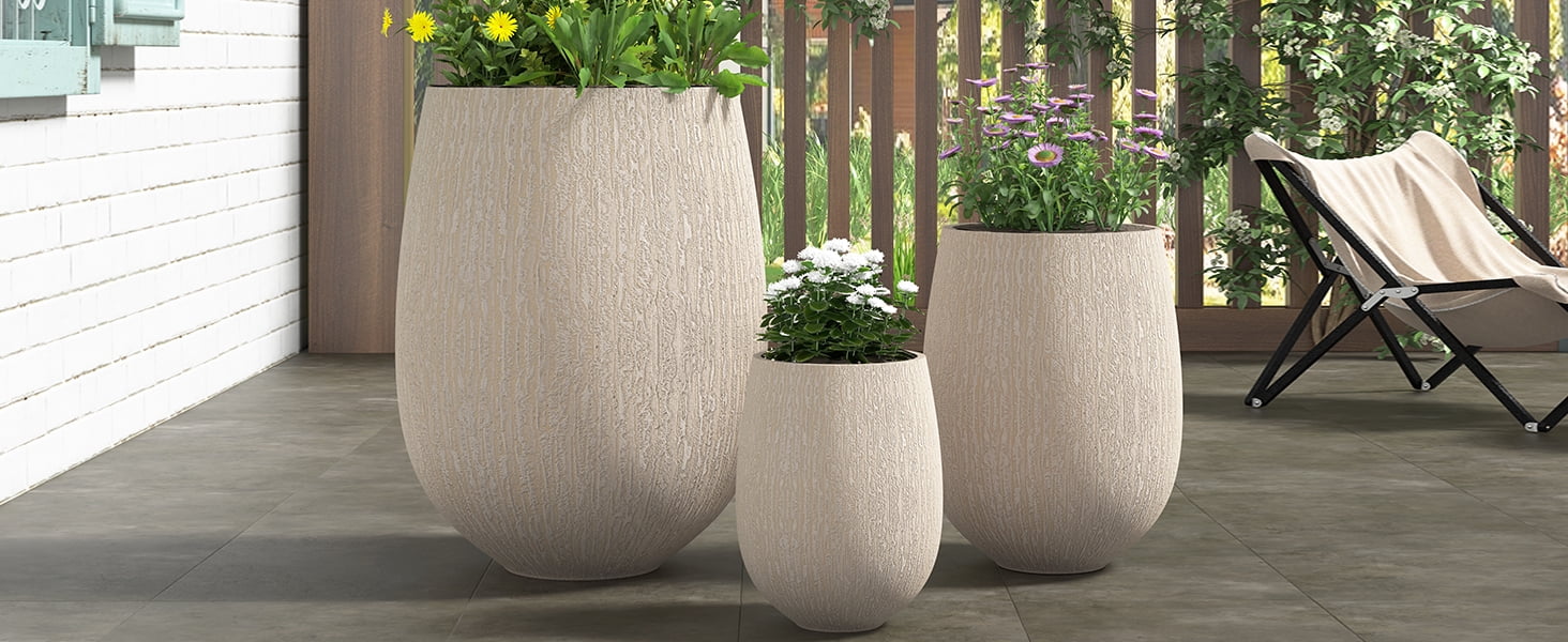 Mintazer Modern Planter Set of 3, 15.6''/10.8''/7.3'' Stackable Flower Pots with Drainage Holes, Stone-Look Textured Decorative Plant Pots for Indoor & Outdoor, Beige