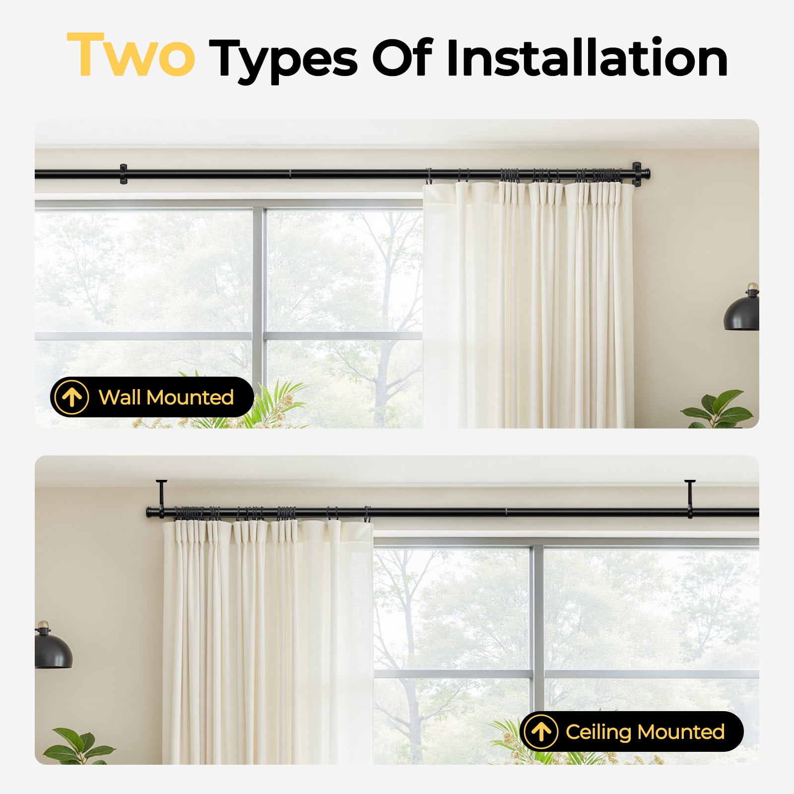 1" Rust-Resistant Curtain Rod,Black Curtain Rods for Windows 72" to 144", End Indoor/Outdoor Single Curtain Rod