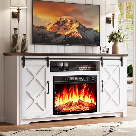 SESSLIFE Fireplace TV Stand for 65 Inch TV, 30'' Tall Farmhouse TV Stand with 2 Drawers & Sliding Barn Door, Entertainment Center with 3D Flame Electric Fireplace Heater, White Brown