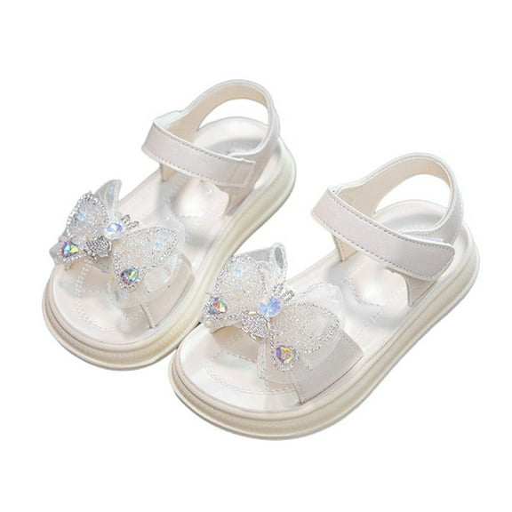LIIPEE Girls Sandals Summer New Cute Rhinestone Bowknot Open Toe Non- Soft Sole Shoes Girls Casual Beach Outdoor Princess Sandal,White,11-12 Years