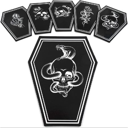 

Coffin Shaped Drink Coasters Gothic Accessories 5 Pcs Set Goth Kitchen décor Coffee Cork Bar Black Coaster Hot / Cold Halloween Goth Decoration Spooky Creepy Home Room “Redemption-Mix” Set by