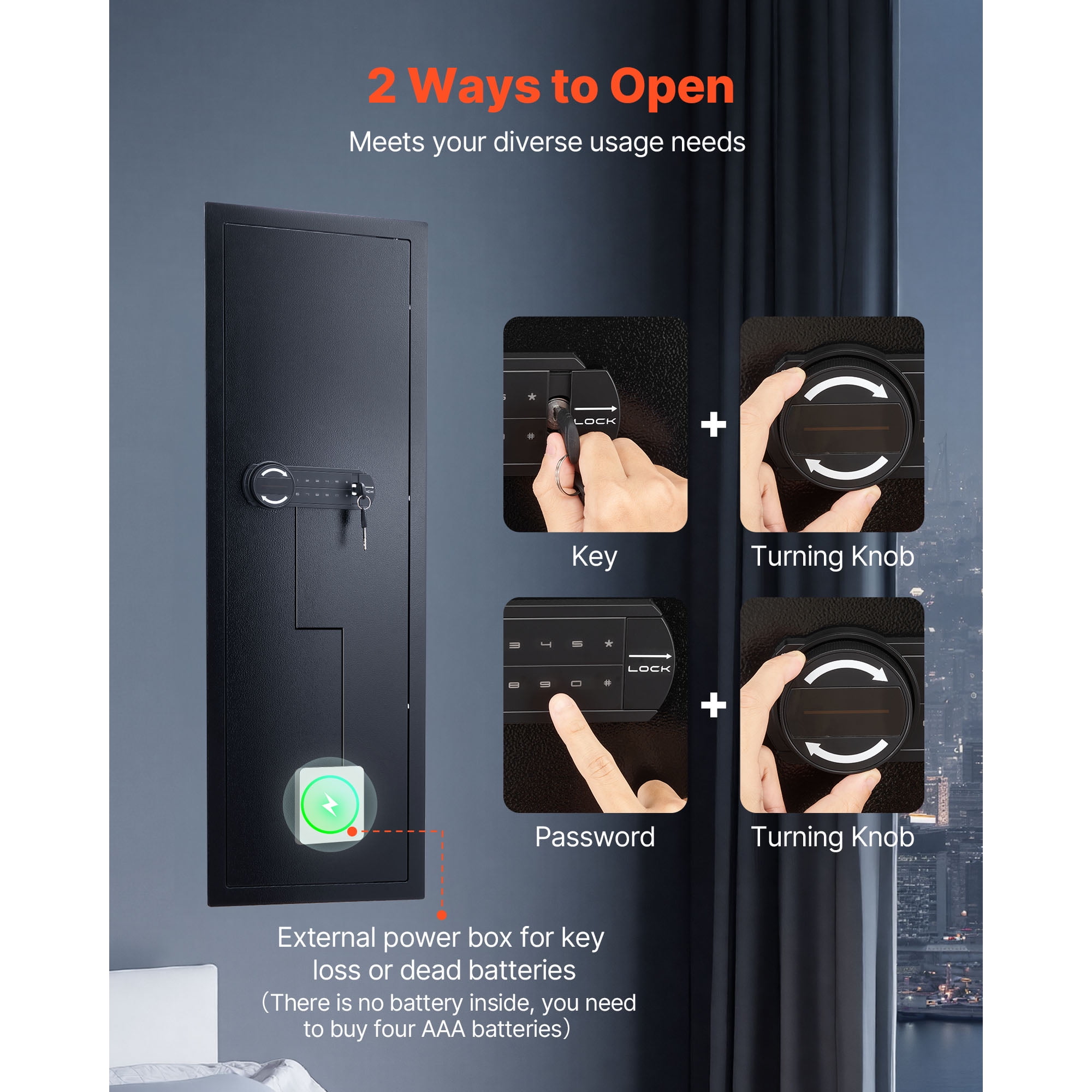 KFFKFF Wall-Mounted Safe with Password & Key, 4-Tier Hidden Design, Q235 Cold-Rolled Steel Construction, LED Lighting, Adjustable Shelves & Key Holders for Valuables, Black