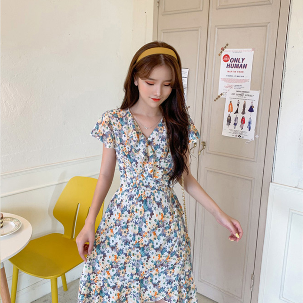 Vearear Vearear Hot Product Regression Fashion Floral Print Women Summer V Neck Ruffled Sleeve High Waist Lace Up Dress Walmart Com Walmart Com