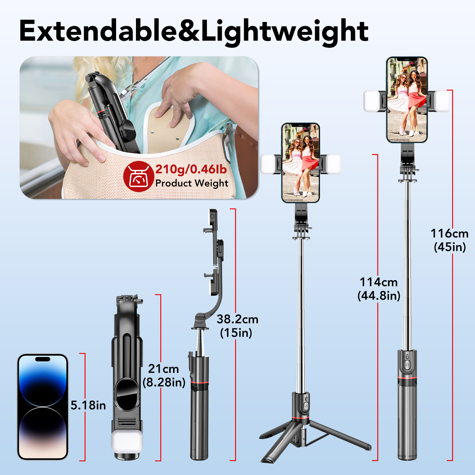 VAMOUT 45" Selfie Stick Tripod with Bluetooth Remote and Fill Lights photo 3