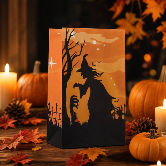 8 Pack Halloween Kraft Paper Treat Bags 5.12x8.66 Inch Witch Ghost Pumpkin Skull Goodie Bags Ki-ds Trick or Treat Party Favor Candy Gift Bags for Halloween Decorations
