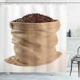 thumbnail image 1 of Coffee Shower Curtain, Picturesque of a Sack Standing on a Plain Background Filled with Beans, Fabric Bathroom Set with Hooks, 69W X 84L Inches Extra Long, Tan Brown and White, by Ambesonne, 1 of 3