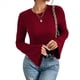 thumbnail image 3 of Camiseta de Larga Acampanada de Punto Acanalado para Mujer, Cuello Redondo, Corte Entallado, Ribete en Forma de Lechuga. Rojo Vino M, 3 of 9