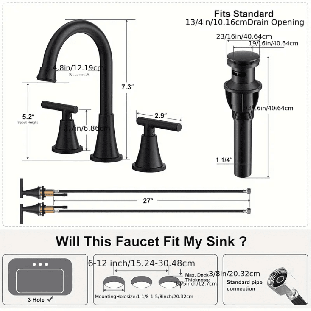 Black Bathroom Sink Faucet 3 Holes Widespread Vanity Mixer Faucet w Pop up Drain