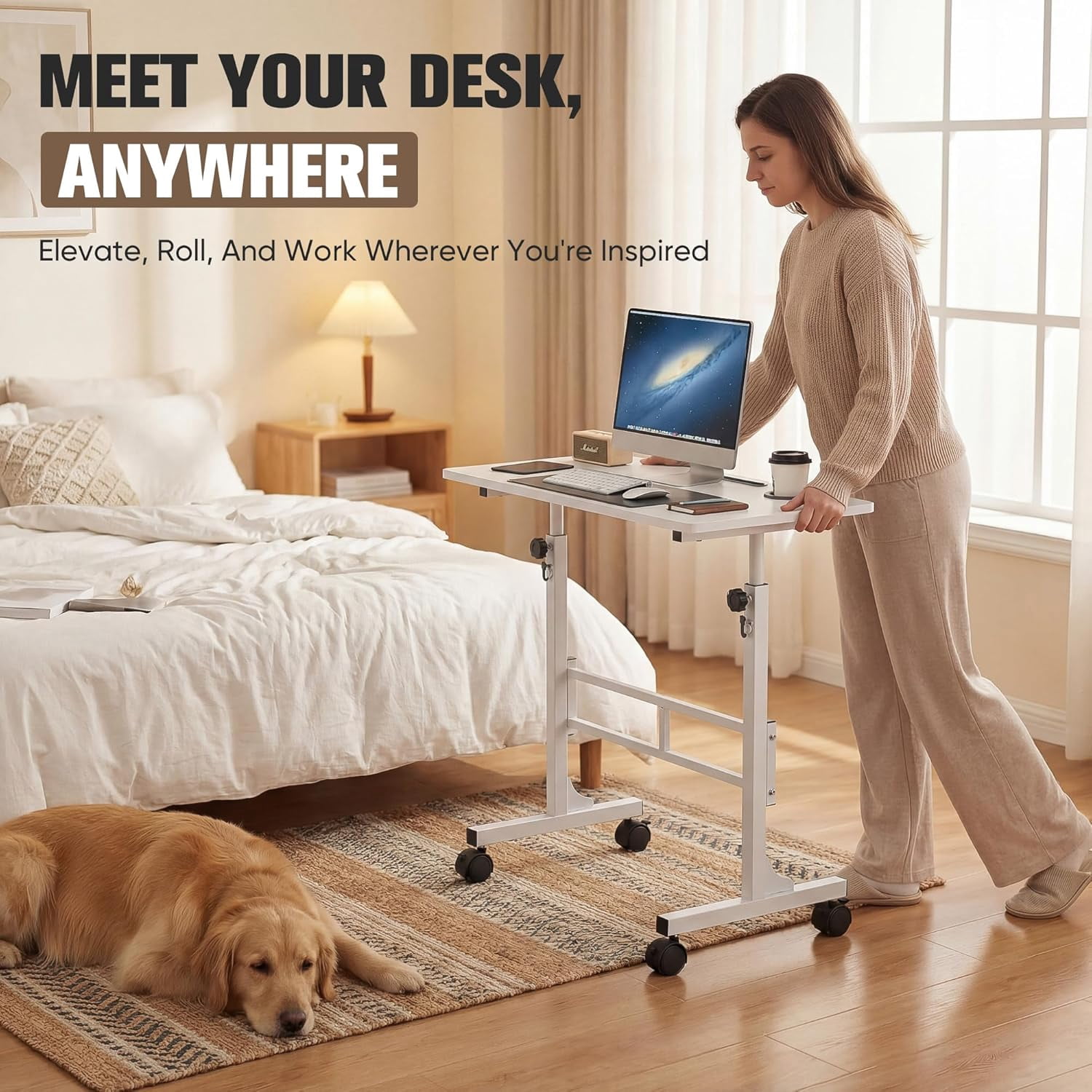 MorandiMal Small Portable Standing Desk Adjustable Height, Mobile Stand Laptop Computer Workstation with Lockable Wheels for Walking Pad Treadmill (White)