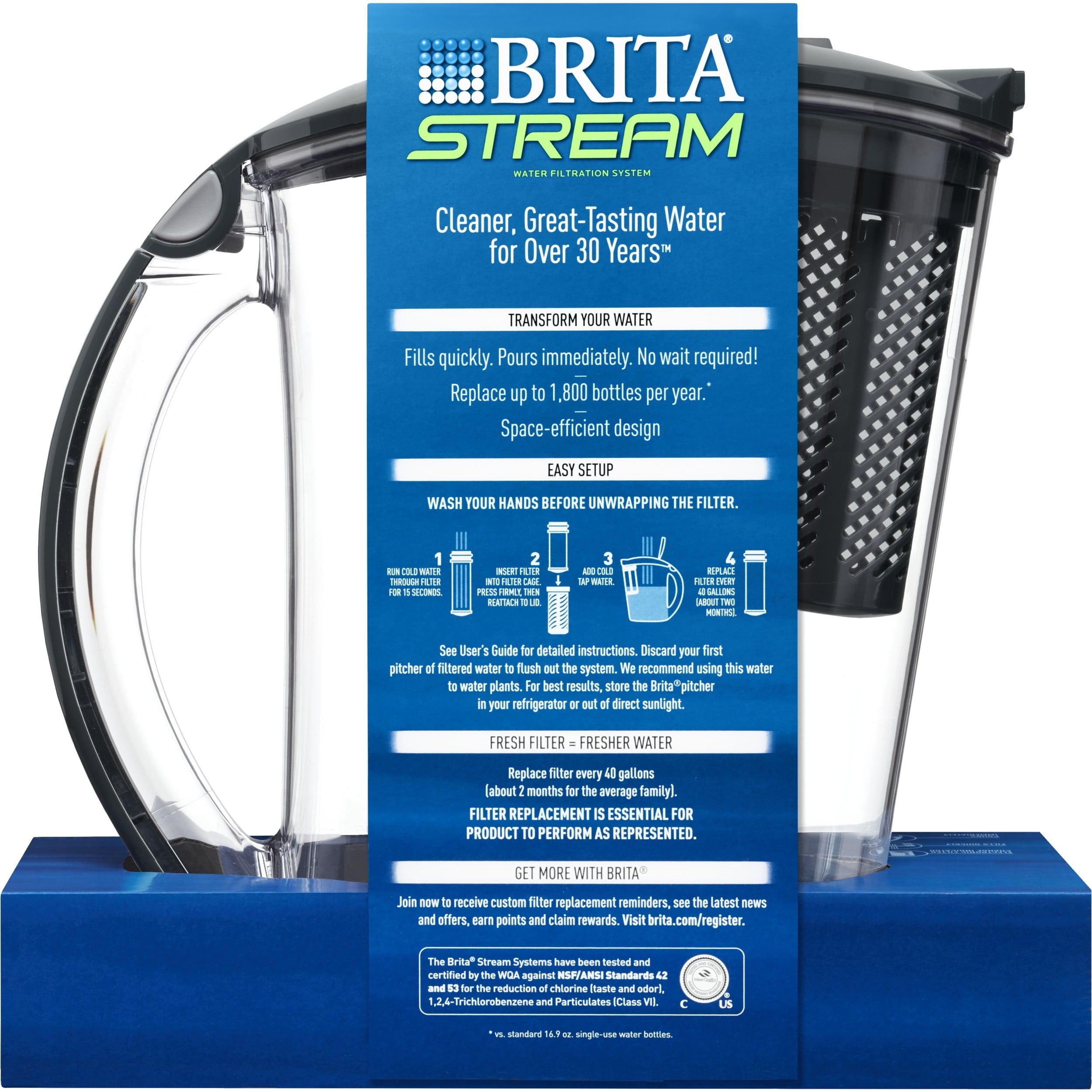Brita Large Stream Filter as You Pour Plastic 10-Cup Gray Water Filter Pitcher