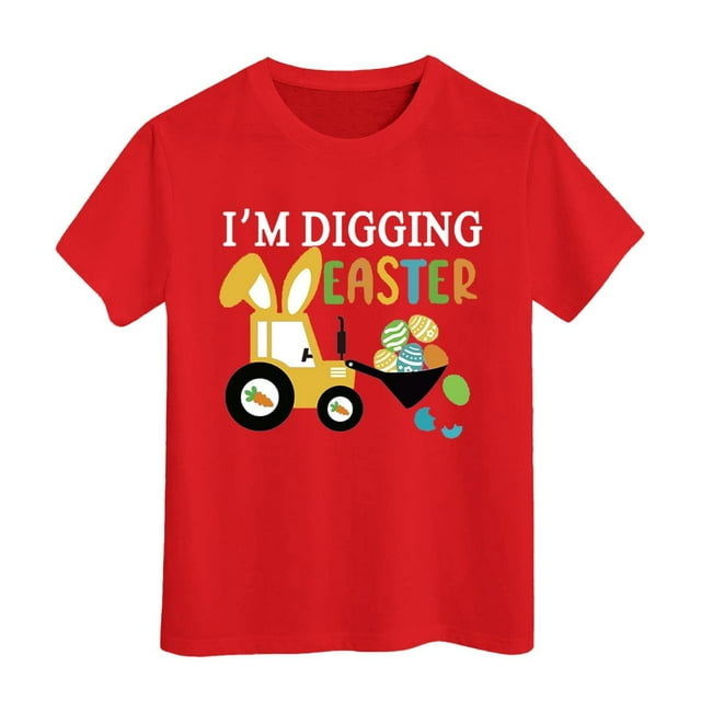 PMVFHDE T-Shirt Graphique à Manches Courtes Imprimé Lapin de Pâques pour Enfants, Col Rond, Décontracté, Printemps Été, Rouge, 8-9 Ans