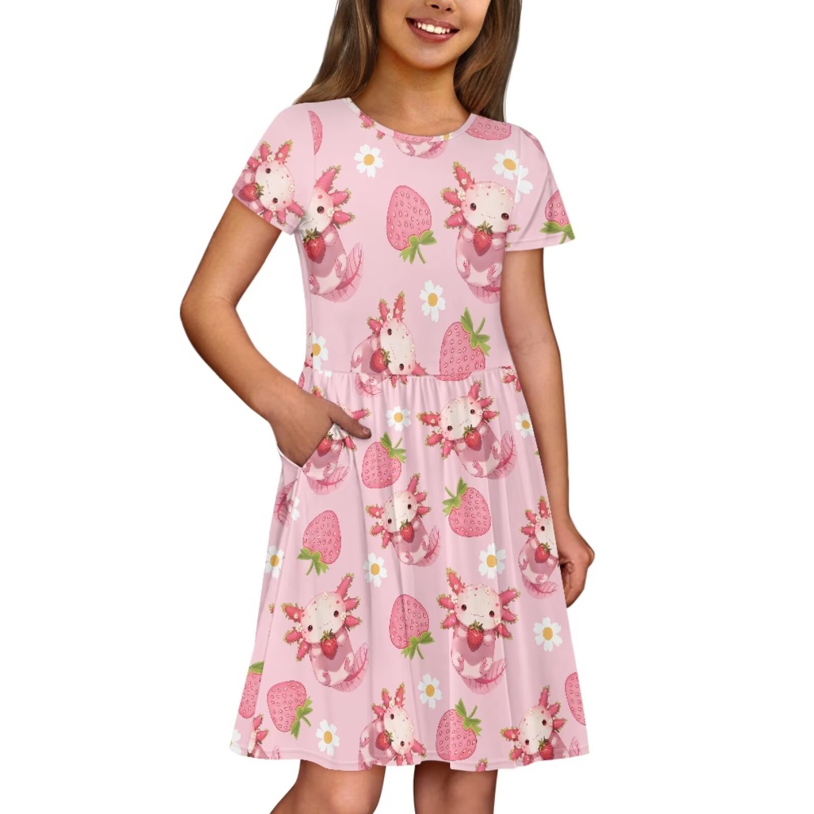 Uourmeti Girls Axolotl Dress Size 5-6 Cute Short Sleeve Swing Dresses Strawberry Crew Neck Midi Dress Lightweight Loose Knee A-Line Dresses Casual Beach Dress