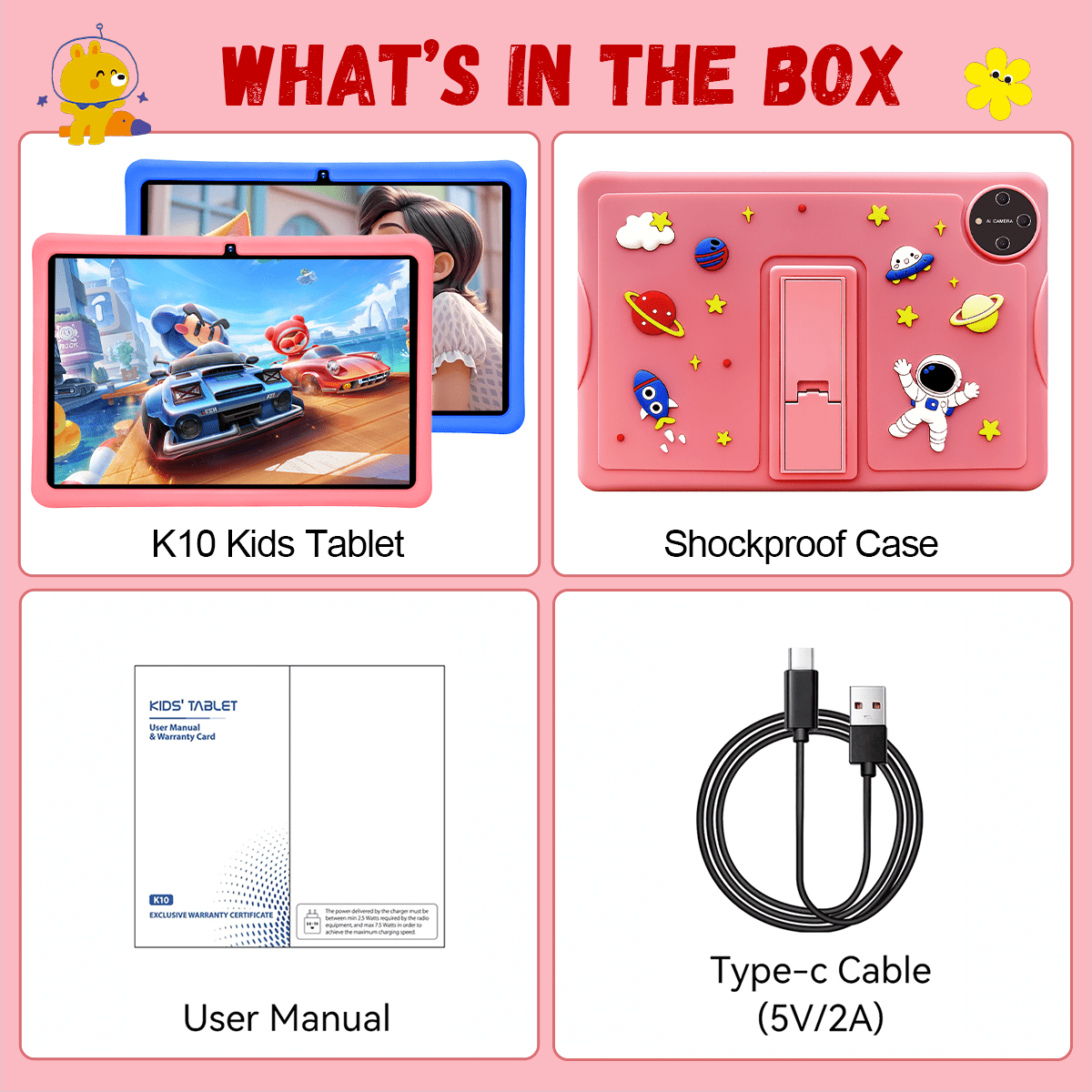 Kids Tablet, 10 inch Android Tablet for Kids, 16GB+128GB Quad-Core Toddler Tablets with Shockproof Case, BT5.0, WiFi 5, Parental Control, Games, Dual Camera