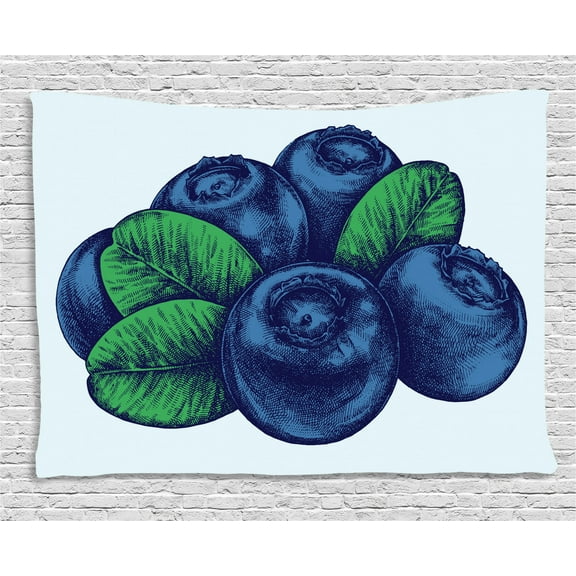 Vintage Blue Tapestry, Retro Style Hand Drawn Art of Blueberry Fruit with Leaves, Wall Hanging for Bedroom Living Room Dorm Decor, 60W X 40L Inches, Navy Blue Pale Blue and Green, by Ambesonne