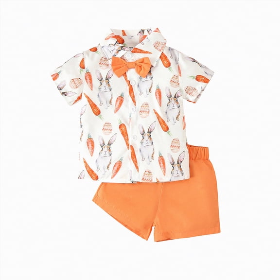 Kaprioy My First Easter Baby Boy Outfit Boys Eeaster Outfit Easter Cartoon Rabbit Print Bow Tie Button Down Shirt Top with Shorts Pants Set Gentleman's Outfit