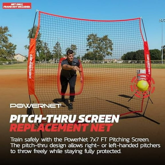 PowerNet 7x7 FT Pitch-Thru Protection Pitching Screen for Softball, 49 Sq Ft Barrier Net Only or Net   Frame, Portable Pitching & Batting Practice Net, Open Area in Net for Ball to