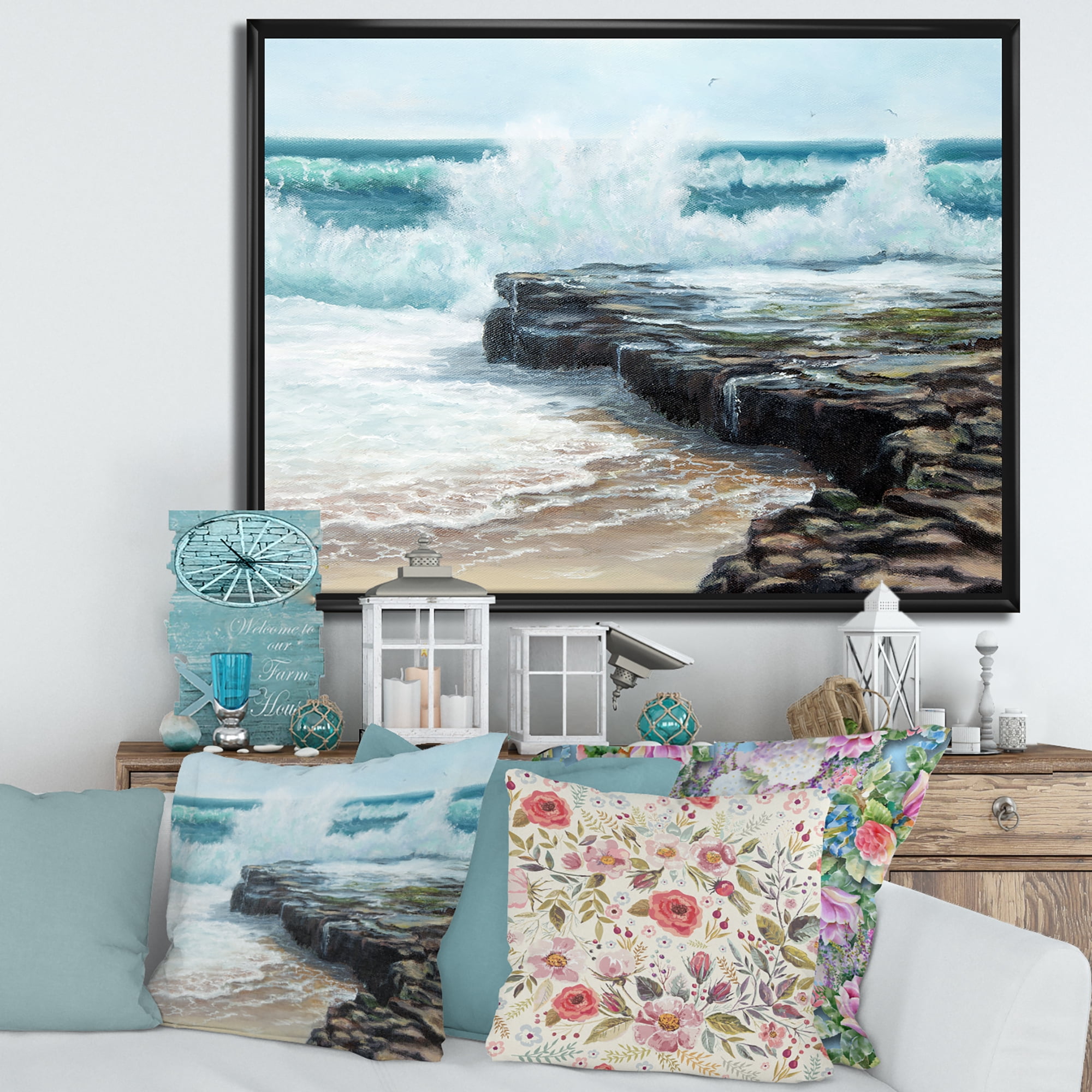 Designart 'Wild Ocean Waves Breaking On The Shore' Nautical & Coastal Framed Canvas Wall Art Print