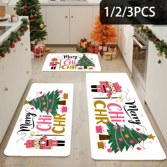 3PCS Kitchen Mat set, Welcome Door Flannel Rug,Home Decor for Front Door,Kitchen, Bathroom, Christmas Tree And Soldier Prints ,Great Christmas Housewarming gift for Family and Friends.