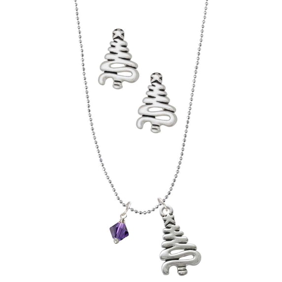 Delight Jewelry Purple Velvet Crystal Bicone Silver tone Zig Zag Christmas Tree Charm Necklace and Stud Earrings