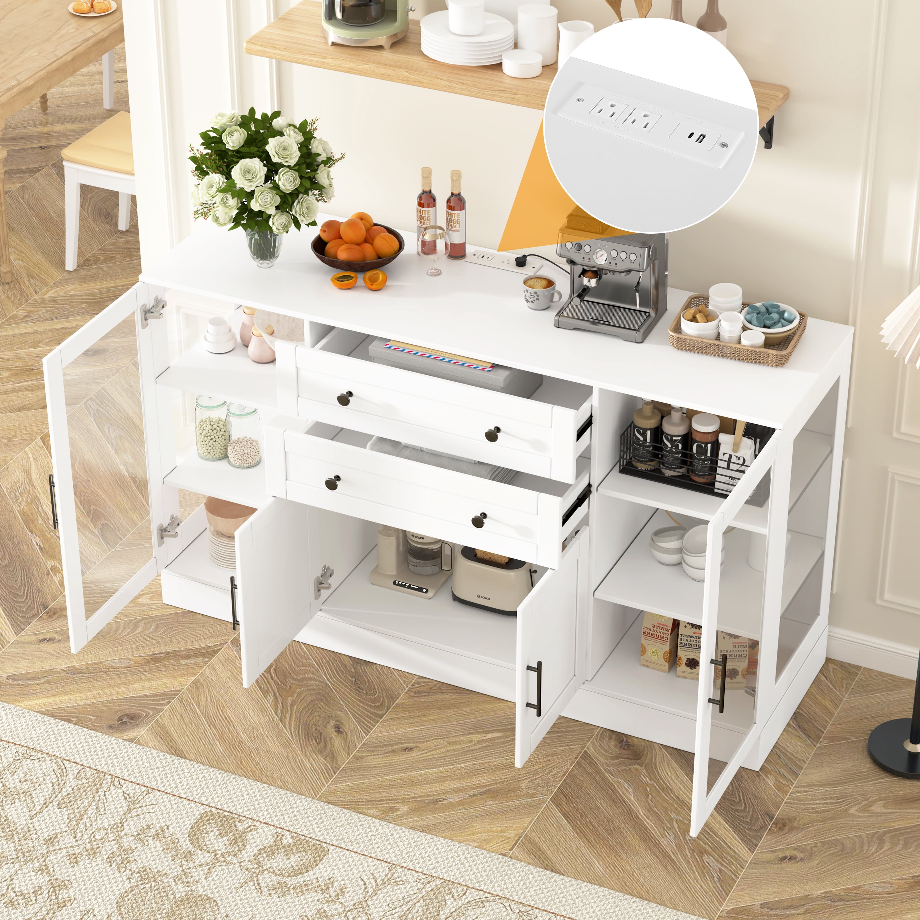 Mintazer 58" Modern Acrylic Sideboard Buffet Cabinet with Power Outlet & Adjustable Shelves, Storage Cabinet with 4 Doors & 2 Drawers for Dining Room Living Room Kitchen, White