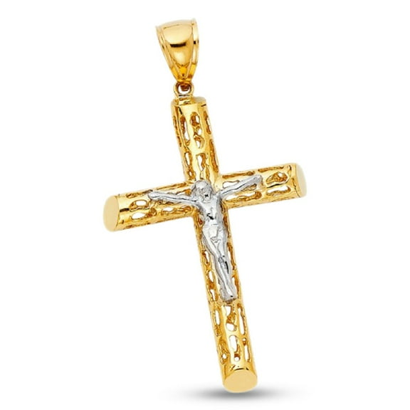 Jesus Cross Tube Pendant Solid 14k Yellow White Gold Big Crucifix Charm Two Tone Genuine 48 x 32 mm