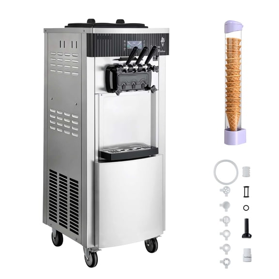KFFKFF Commercial Soft Serve Ice Cream Machine, 20-28L/H Capacity, 2200W 3-Flavor Freestanding Maker with Dual 6L Hoppers, Pre-Cooling, Self-Cleaning, and Hopper Agitation for Dessert Shops