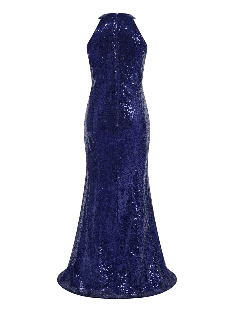 navy fishtail bridesmaid dress Elitara Navy Blue Satin Fishtail Dress Bridesmaid Dresses Wedding Guest Ruffle Sleeve Sexy Slit Slim Fit Round Neck Batwing Sleeve Elegant F,L