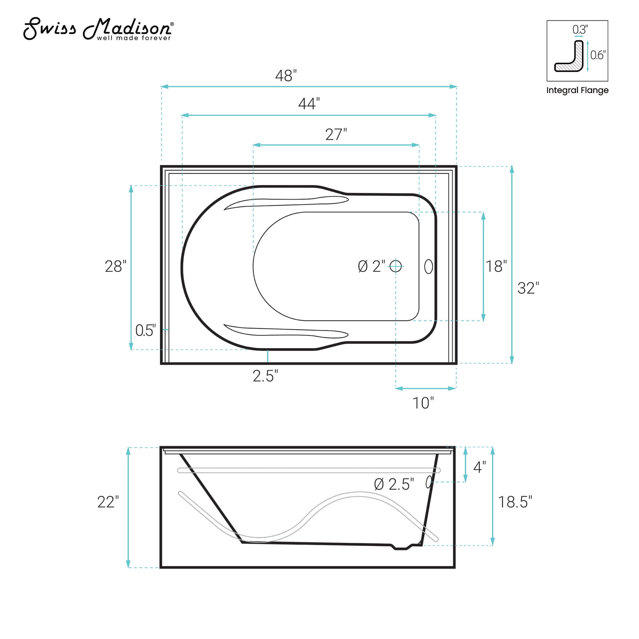 Ivy 48'' x 32" Bathtub with Apron Right Hand Drain in White