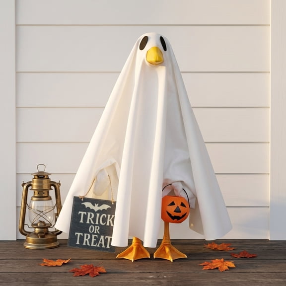 Ghost Porch Goose Halloween Outfit, 23 Inch Goose Costume with Hood, Silly Lawn Statue Clothes for Yard Patio Decor
