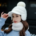 thumbnail image 3 of D-GROEE 1 Set Fashion Women Winter Knitted Hat Thickened Faux Rabbit Fur Pompom Cap with Neck Scarf, 3 of 6