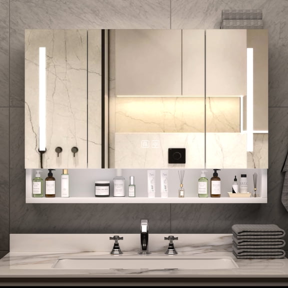 Modern Bathroom Storage Cabinet With Mirror And Led Lights - 39x28 Inches, White, Wall Mounted, Waterproof, Corrosion Inches & Modern, Aluminium, Multi