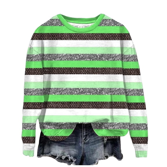QQAMB Sweatshirts for Women Plus Size Strip Print Crewneck Long Sleeve Loose Pullover Tops Fall Fashion Sweatshirts Green 2XL