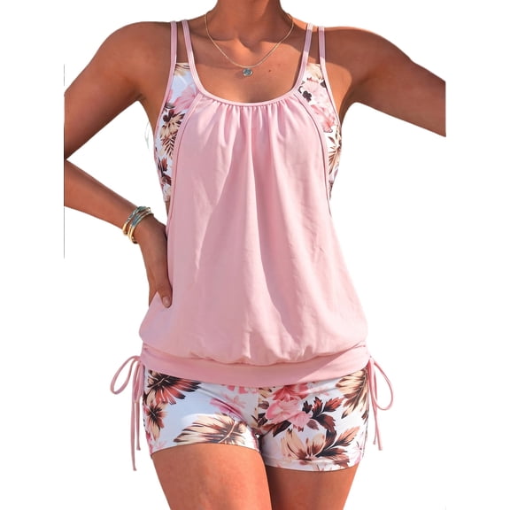 Kaperf Women's 2 Piece Tankini Swimsuit, Blouson Bathing Suit with Adjustable Straps, Tummy Control Swimwear