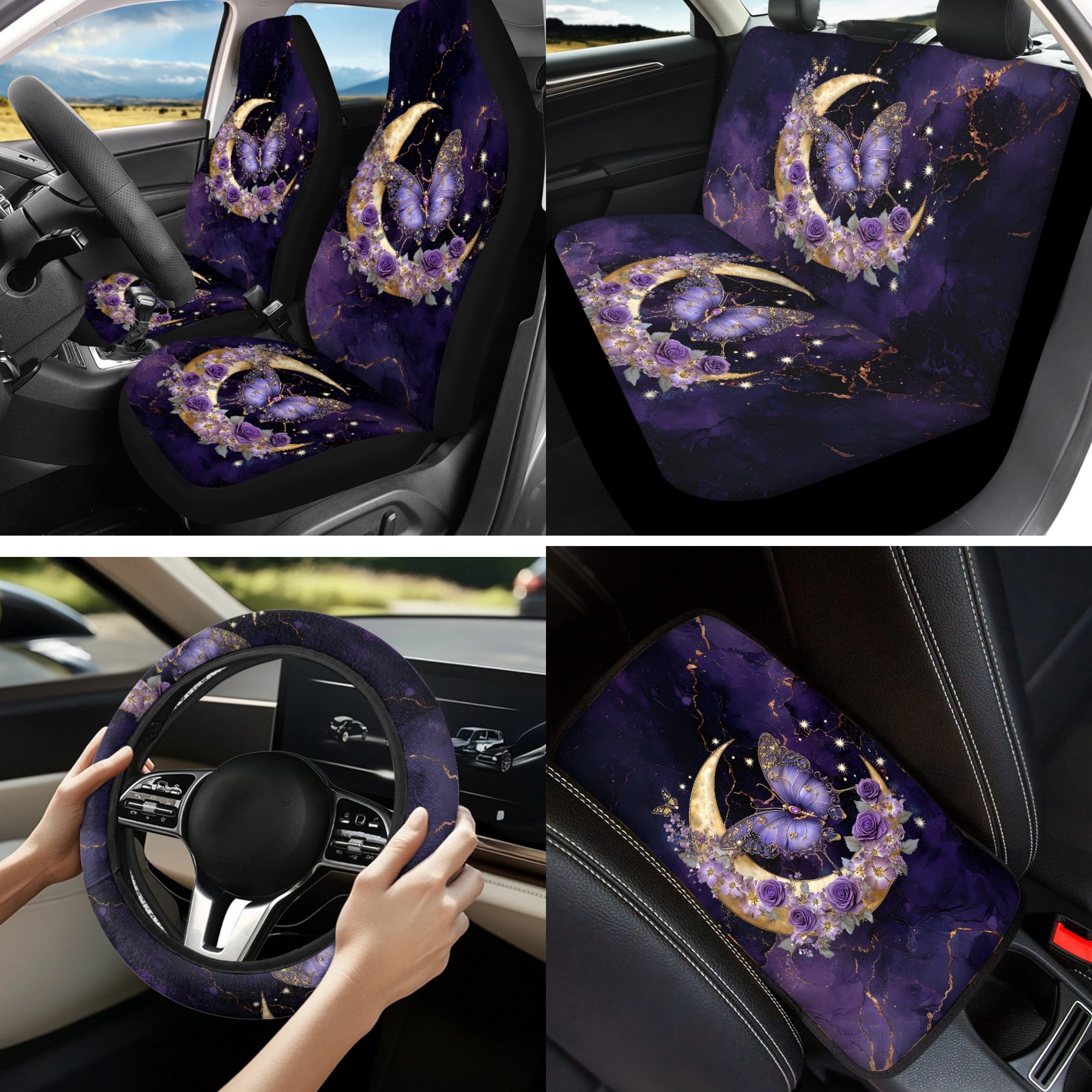 Jeiento Butterfly Car Accessories Full Set Car Seat Cover Steering Wheel Cup Holder Armrest Pad Moon Keychain Lipstick Holder Purple Interior Auto Decor Fit Most Cars Truck SUV Van Sedan, 13 PCS