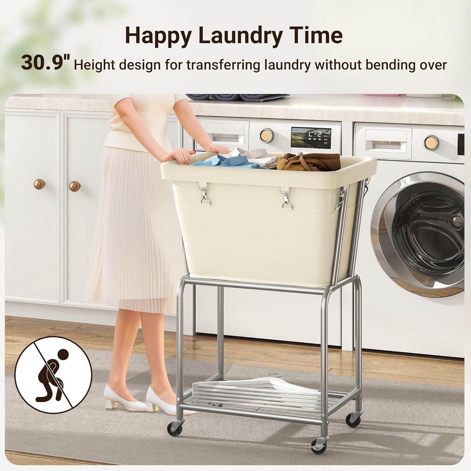 Rolling Laundry Hamper with Wheels, Laundry Cart with Removable Bag, Heavy Duty Metal Frame, 2-Tier Clothes Basket Hamper with Shelf for Closet, Bedroom, Bathroom, Laundry Room, Cream