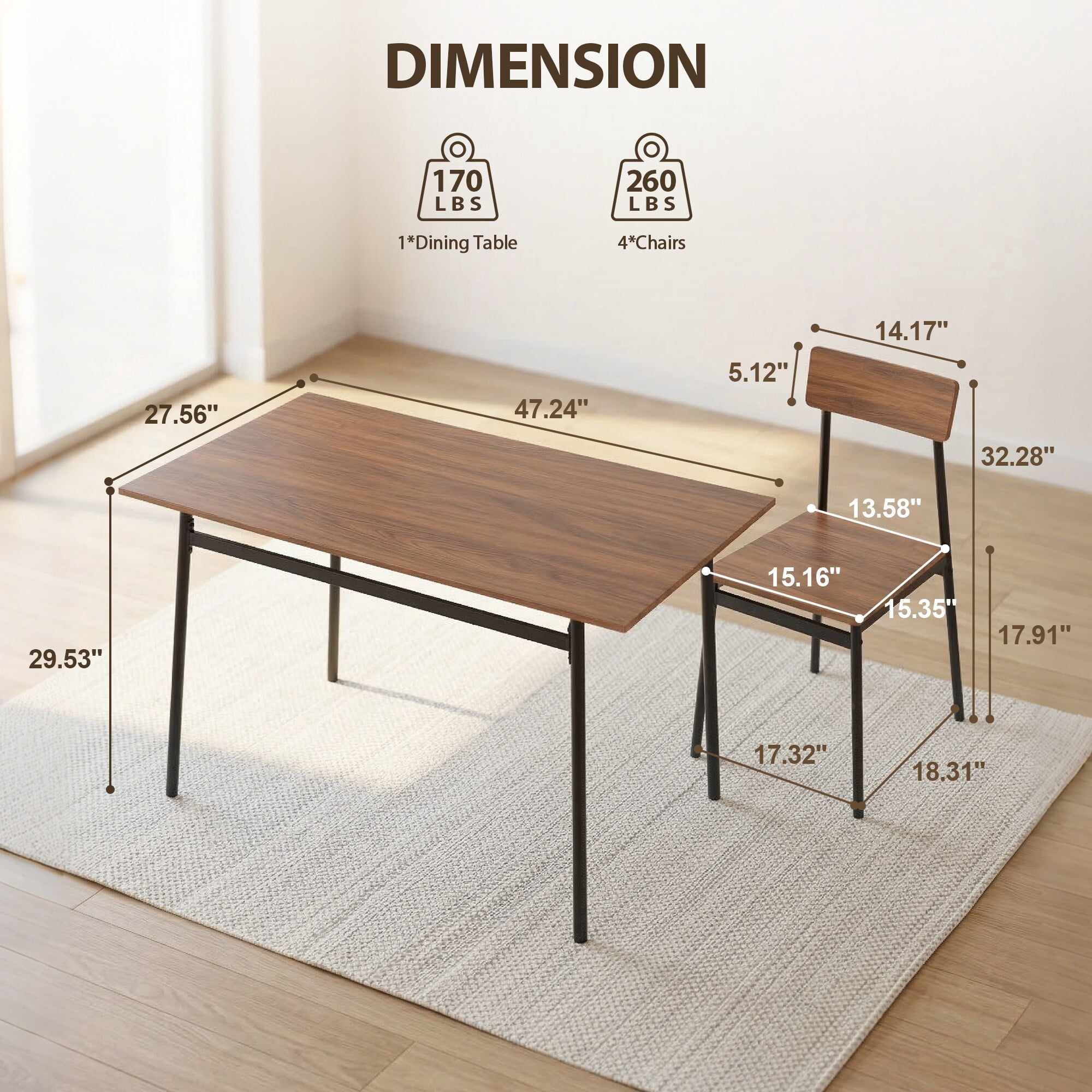 AENKYO 5-Piece Dining Table Set for 4, Walnut Wood Top Kitchen Table with 4 Chairs, Space Saving for Small Spaces