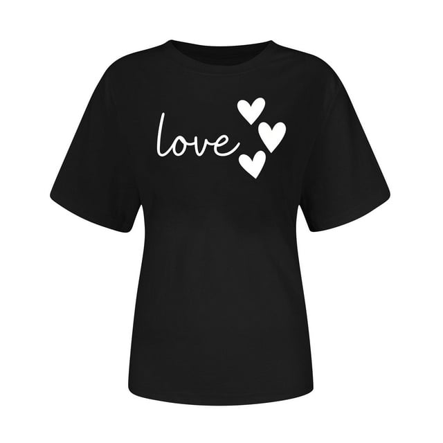 Floleo Blouse à Col Rond à Manches Courtes pour Femmes, Tendance, à Thème Cœur, Graphique, Légère, Respirante, Tenue Décontractée (Noir, 3TG)