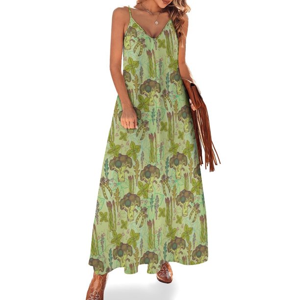 Nuevo patrón de verduras verdes. Vestido sin mangas vestido mujer verano Vestido de noche mujer