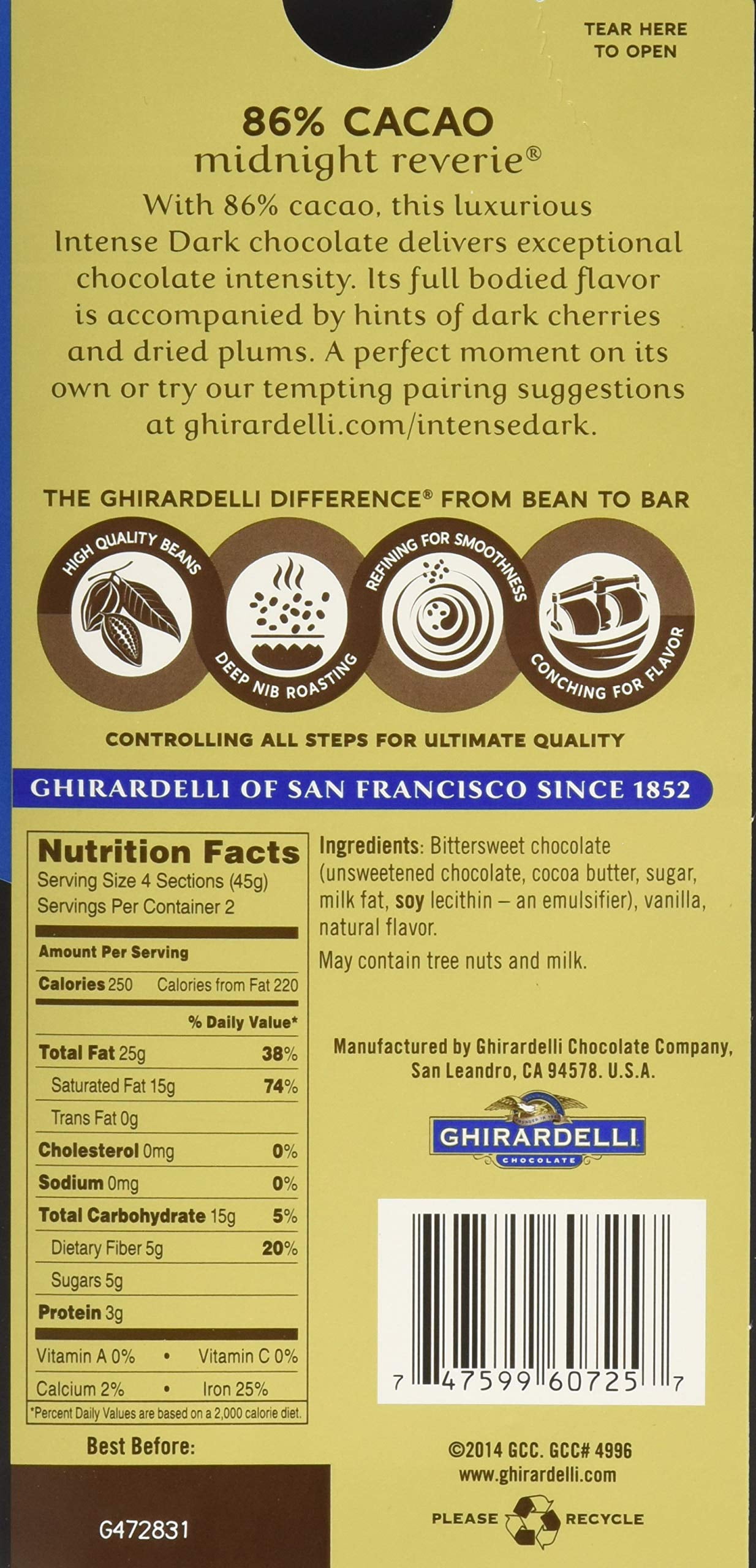 Ghirardelli Intense Dark Chocolate Bar - 86% Cacao – 3.17 oz., 12 bars