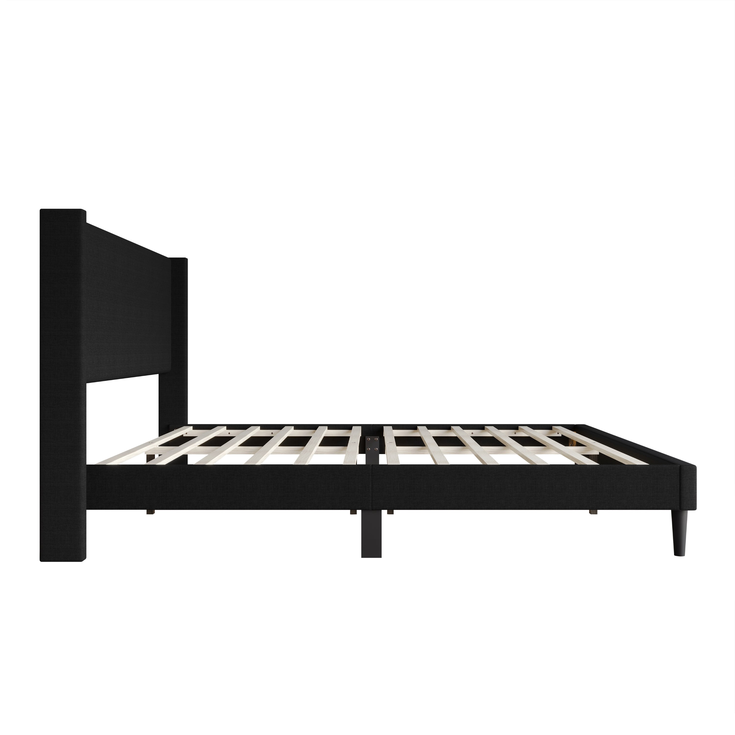 Home Design Bangor Full Upholstered Wingback Platform Bed Frame, Linen, No Box Spring Required, Black
