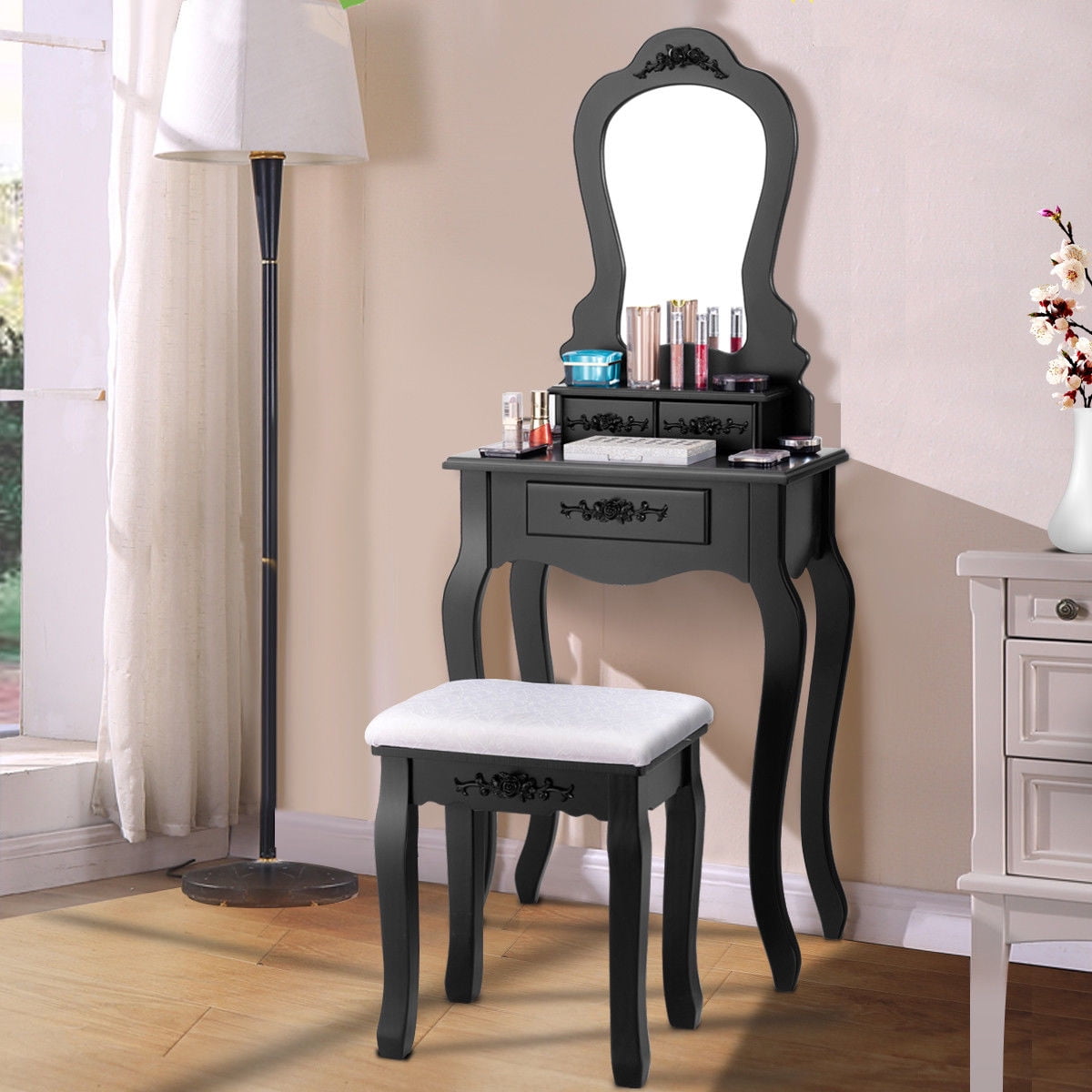 Vanity Wood Makeup Dressing Table Stool Set Jewelry Desk Drawer Mirror Black