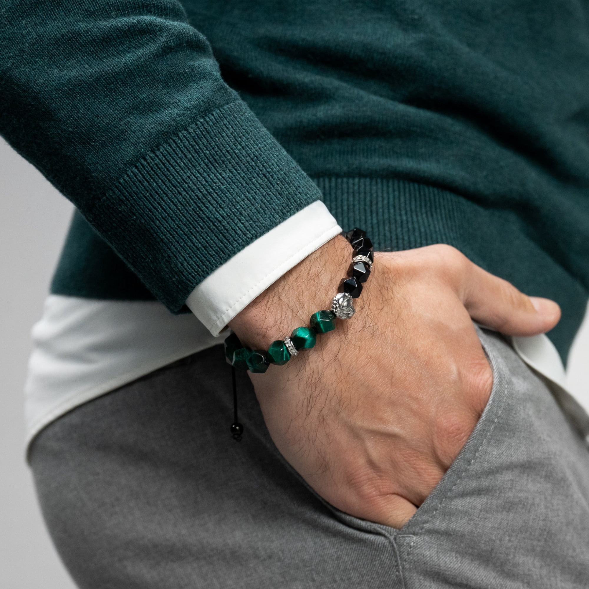 Men's GREEN TIGER EYE, ONYX Bracelet with Silver LION Head | Gift for Men | One Size Fits All | 100% Natural | Gemstone Adjustable Bracelet
