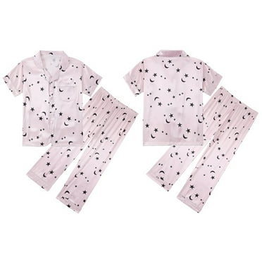 TOOYOU Girls Pajamas Spring Summer Silk Pjs Moon Star Print Lapel Button Short Sleeved Shirt Long Pants Sleepwear Outfits Clothes Comfort Fit Pjs For Sweet Girl Pink Size 4-5 Years
