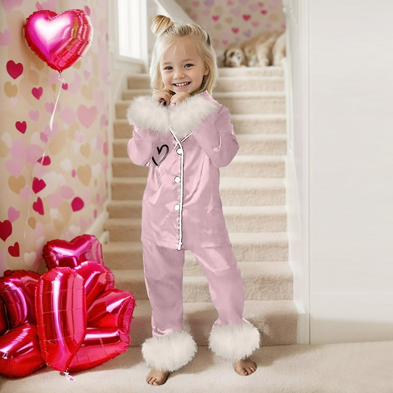 Girls Pajamas Set Matching Valentines Day Pajamas Top Pants Satin